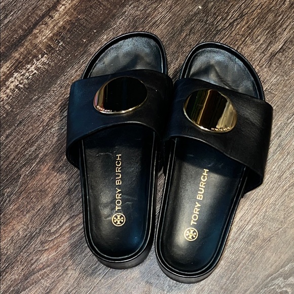 Tory Burch Black and Gold Wedges - Picture 5 of 9